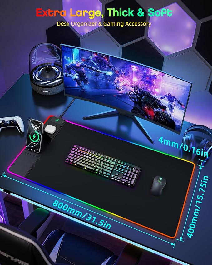Wireless Charging Mouse Pad with Phone Stand, 31.5"x15.8" Large | Gaming Mousepad RGB Desk Mat, Smooth Glide, Stitched Edge, Non-Slip Rubber Base, Waterproof Keyboard Mat, with Adatper - Image 2