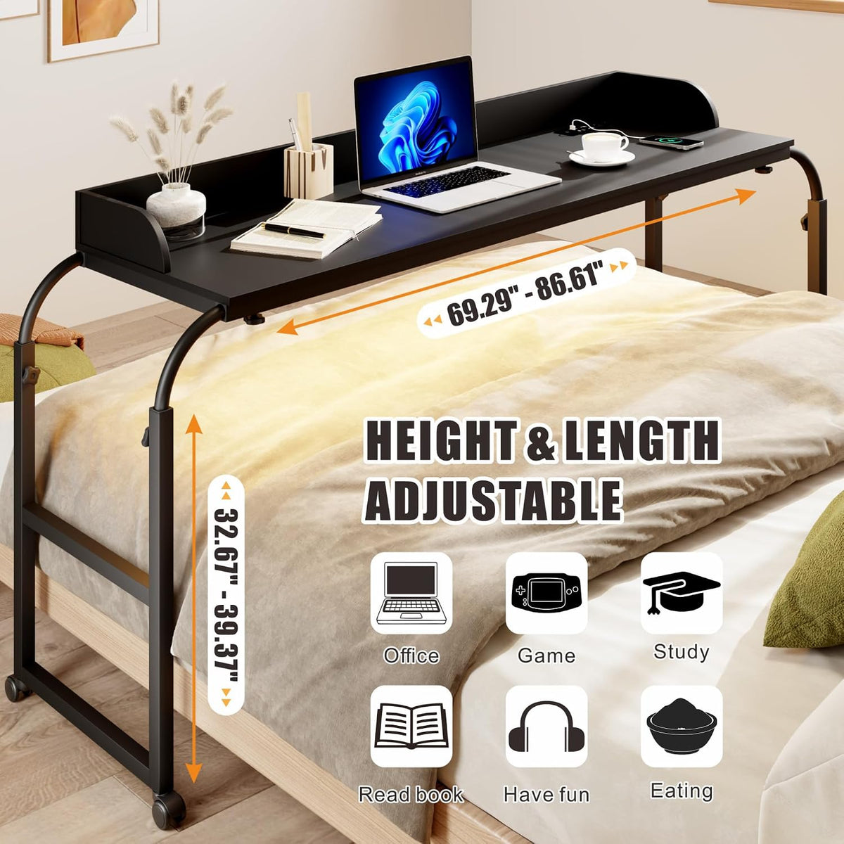 HWB Over Bed Desk with LED Light, Wheels & Charging Station, Black - Image 5