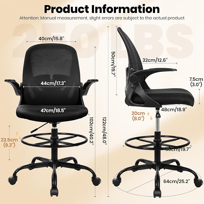 Drafting Chair Tall Office Chair with Flip-up Armrests Executive Ergonomic Computer Standing Desk Chair with Lumbar Support and Adjustable Footrest Ring (Black) - Image 3