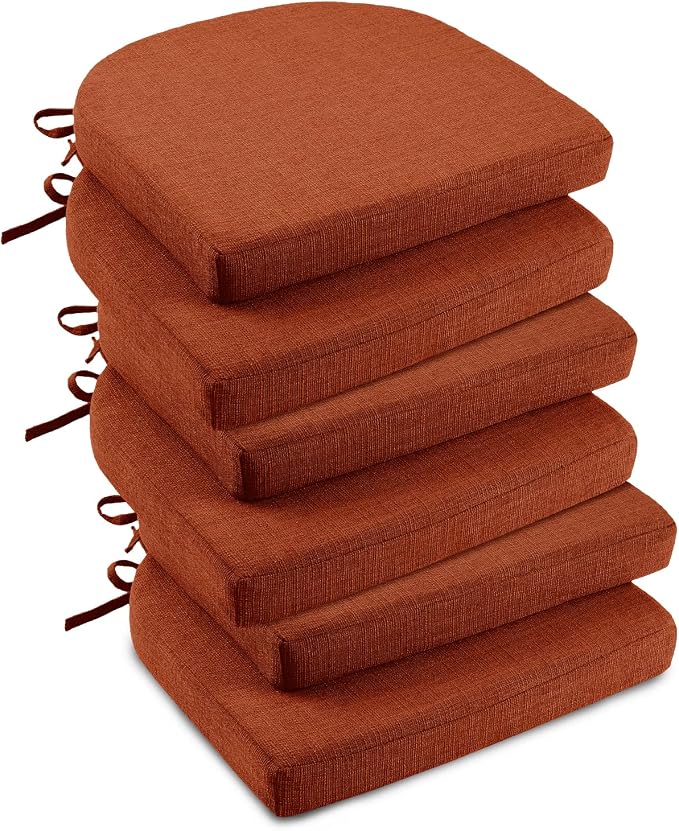 downluxe Indoor Chair Cushions for Dining Chairs, Soft and Comfortable Textured Foam Kitchen Chair Pads with Ties and Non-Slip Backing, 16" x 16" x 2", Orange, 6 Pack by Downluxe