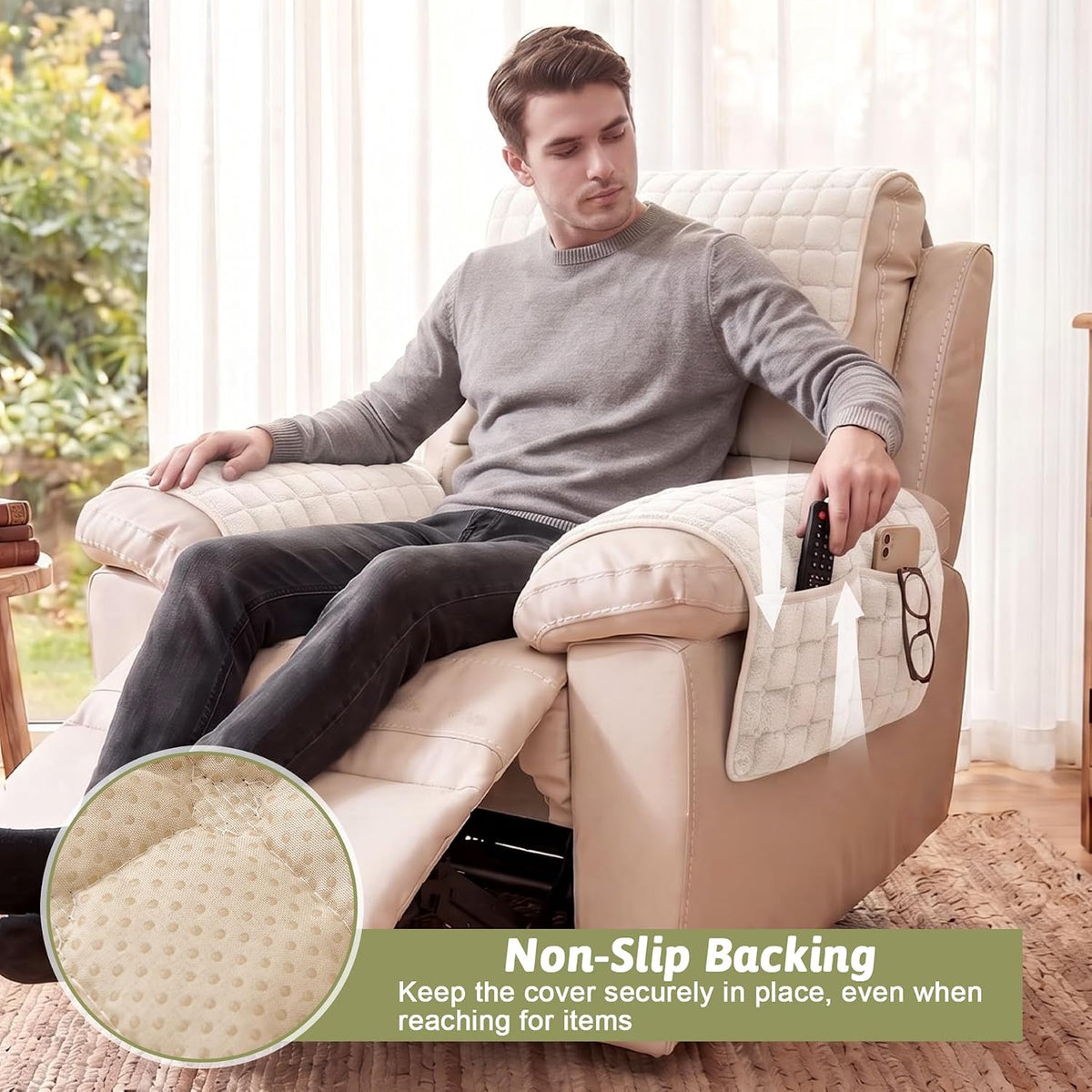 Universal Flannel Recliner & Armchair Covers with Pockets - Image 5