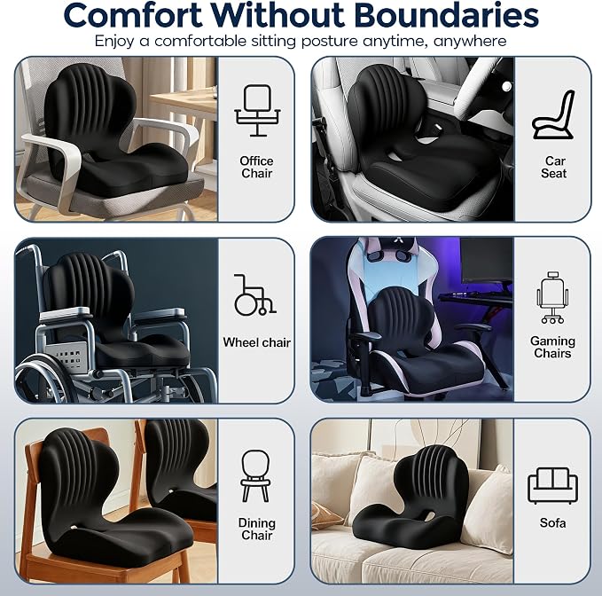 Seat Cushion for Office Chair and Car, L-Shaped Ergonomic Seat Cushions,Memory Foam Orthopedic Cushion with Coccyx Hollow,Lumbar Support & Tailbone Pain Relief for Car, Truck, Home,Gaming Chair,Black - Image 8