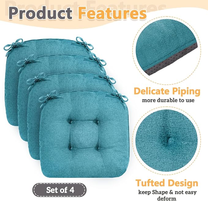 MAGIC ELEPHANT Chair Cushions for Dining Chairs, Memory Foam Kitchen Chair Cushions Set of 4, Non-Slip Thick Dining Room Chair Pads Seat Cushions, 15.5" x 15.5" x 4" (Aqua Blue) - Image 4