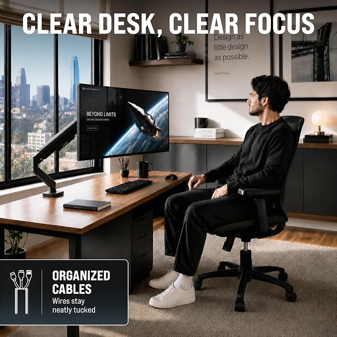 EVEO Premium Single Monitor Arm 14"–34", Adjustable Gas Spring Monitor Mount, Single Arm Desk Mount for 34 Inch Computer Screens, VESA Compatible Stand with Clamp and Grommet Base – Black - Image 2