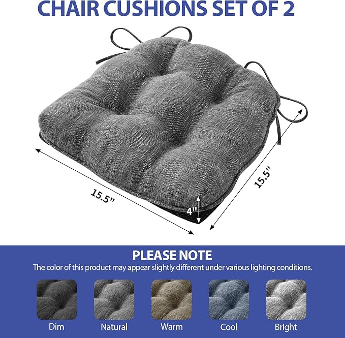 IPYNBAP Chair Cushions for Dining Chairs Set of 2, Kitchen Chair Cushions, Chair Pads with Ties and Non Slip Backing, Tufted Memory Foam Seat Cushion 2 Pack, 15.5" x 15.5" x 4", Dark Gray - Image 2