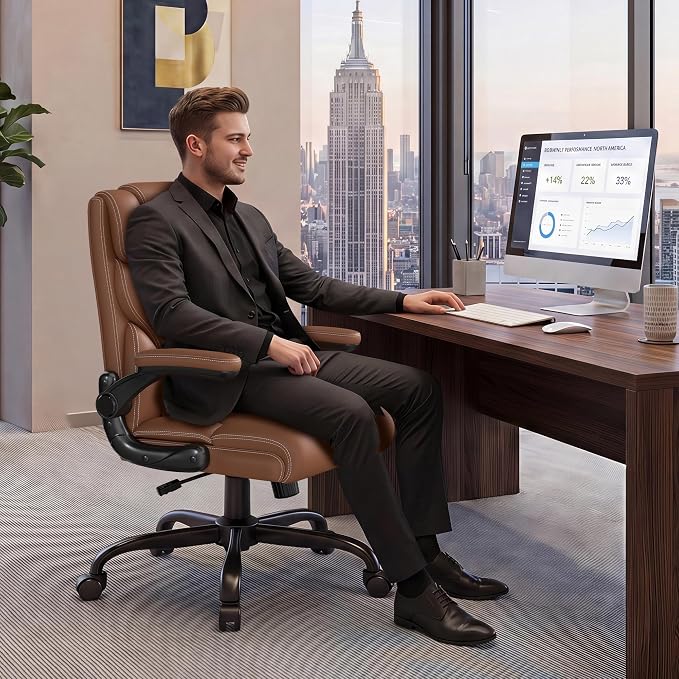 Office Chair, Executive Mid-Back Computer Desk Chair with Flip-up Armrests | 300 Lbs Ergonomic Leather Swivel PC Chair with Rock Function for Working Studying (Brown) - Image 9