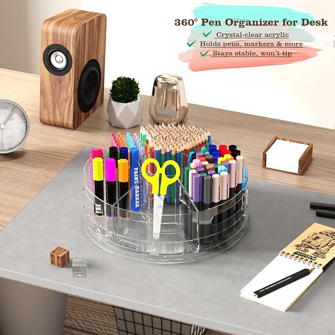 CraftGenes 2 Packs Rotating Clear Acrylic Pen Holder, Marker Organizer | Pen organizer for desk and art supply organizer with 7 removable sections for markers, pencils, brushes, and office supplies. - Image 6