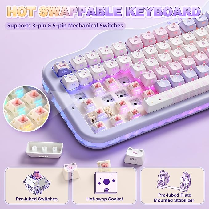 YUNZII C98 Cute Wireless Mechanical Keyboard(Purple Mao, Candy Switch) | Cake Keyboard,99 Keys with Number Pad, MAO Keycaps, BT5.0/2.4G/USB-C,Hot Swap, Gasket Mount, Custom RGB Backlight for Win/Mac - Image 4