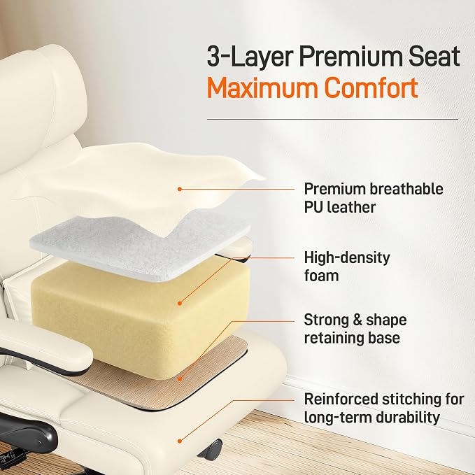 Office Chair, Executive Mid-Back Computer Desk Chair with Flip-up Armrests | 300 Lbs Ergonomic Leather Swivel PC Chair with Rock Function for Working Studying (Creamy White) - Image 7