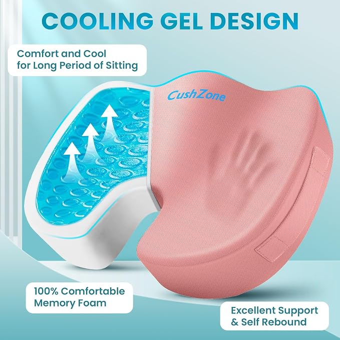 Gel Seat Cushion, Enhanced Memory Foam Cushion for Tailbone Pain, Pink | Cooling Gel for Office Chair, U-shaped Design Chair Cushion for Gaming, Car, Wheelchair, Non-Slip Base, Washable Cover - Image 2