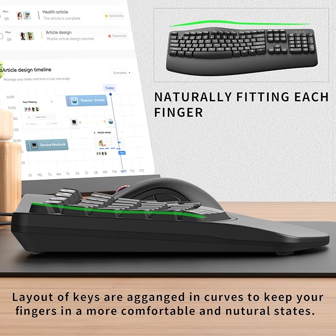 RECCAZR Ergonomic Keyboard, Wired Computer USB Keyboard with Wrist Rest | Spill-Resistant, Wave Keys for Natural Typing, Compatible with Windows/PC/Laptop(Black) - Image 4