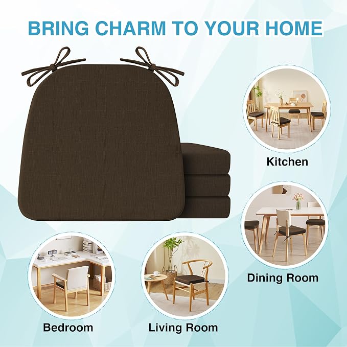 IASEAHK Chair Cushions for Dining Chairs Set of 6, Non Slip Kitchen Chair Pads, 17" x 16" x 2", Indoor Dining Chair Cushions with Ties, D-Shaped Seat Cushions for Kitchen Chairs, Brown - Image 7