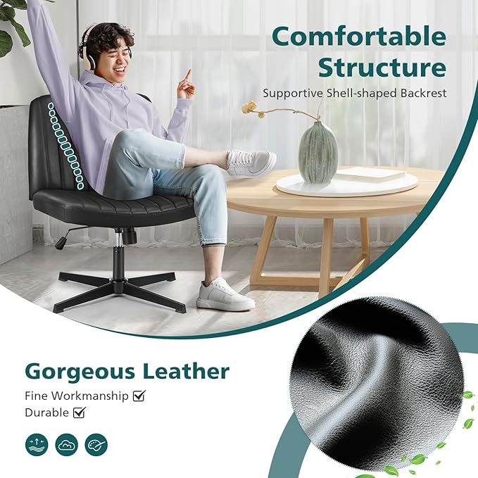 OLIXIS Criss Cross Chair, Vanity Chair, Home Office Desk | Armless No Wheels Wide Seat, Height Adjustable Swivel, Padded PU Leather, Bedroom Student Study, Black Dual Base - Image 5