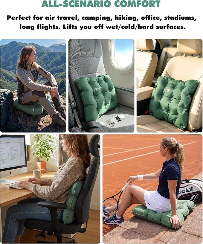 Inflatable Seat Cushion & Lumbar Support Lightweight TPU Non-Slip | 3D contoured, breathable, ideal for air travel, camping, hiking, office, stadium, long flights - Image 8