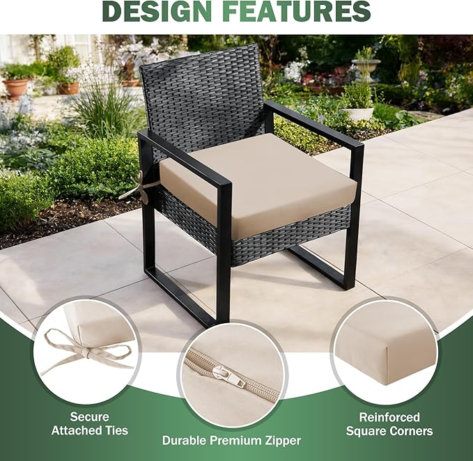 Outdoor Chair Cushions Set of 2, 19x19x3 Inch Waterproof & Fade Resistant Patio Furniture Seat Cushions with Ties, Square Outdoor Dining Chair Cushions for Lawn, Garden, Deck & Yard, Beige - Image 4