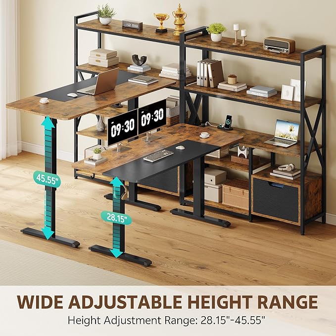 77.8 Inches L Shaped Standing Desk Corner Desk with Hutch Electric Height Adjustable Desk with Storage Shelves File Drawer Power Outlets Reversible Computer Gaming Desk for Home Office, Brown - Image 3