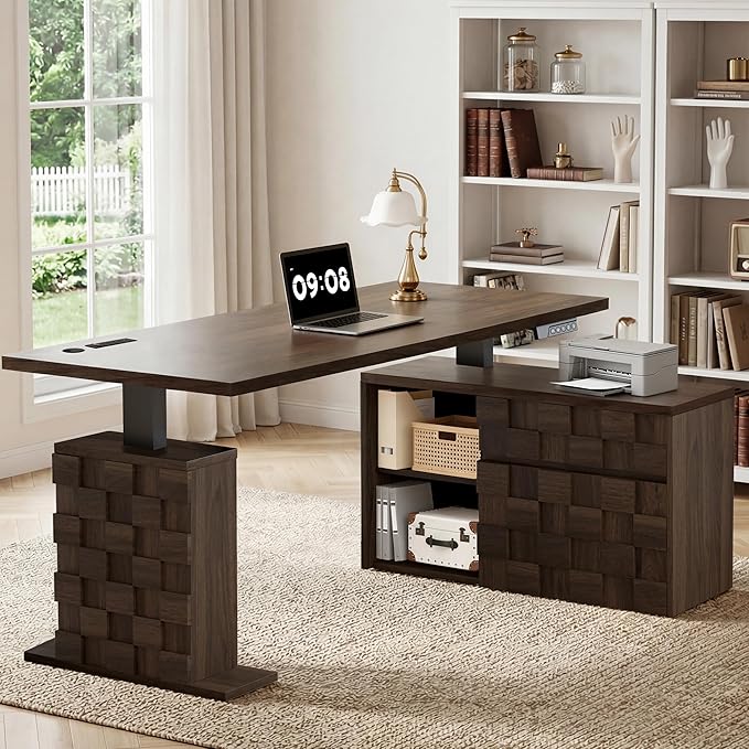 67" L Shaped Standing Desk with Drawers Electric Corner Desk Brown | Adjustable Sit Stand Office Desk with 4 AC Outlets & Type C Port, Executive Computer Desk with Cabinet by Homiflex