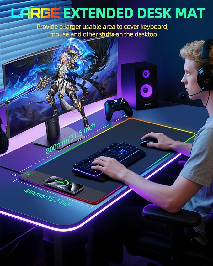 15W Wireless Charging RGB Mouse Pad, 31.5"x15.7", XXL Gaming Desk Mat | 15 Lighting Modes, Large Ultra-Smooth Surface, Non-Slip Rubber Base, Waterproof Computer Keyboard Pad for Desk, Office, Black - Image 8