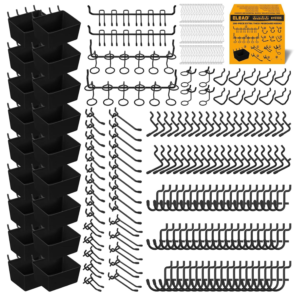 286-Piece Extra Thick Pegboard Hooks Set, 1/4" Heavy Duty Black Peg Board Organizer Accessories with Bins, Metal Pegboard Accessories with Pegs Lock, Peg Board Hooks for Hanging by ELEAD