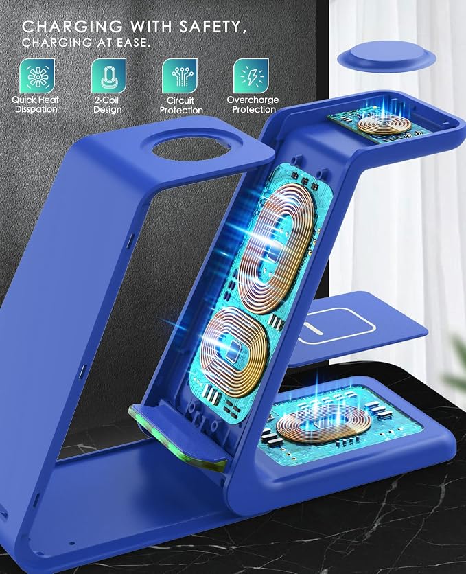 3 in 1 Wireless Charging Station, 2026 Upgraded Fast Desk Charger Station for iPhone 17 16 15 14 13 12 Pro Max Plus, Charger Stand for Apple Watch 10 9 8 7 6 5 4 3 2 SE, Airpods 4 3 2 Pro(Blue) - Image 5