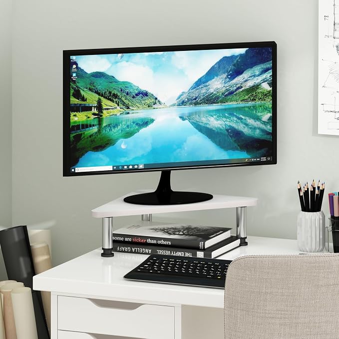 Furinno Turn-N-Tube Triangle Corner Monitor Riser, White Monitor Stand Riser, Laptop Stand for Desk, Office Desk Accessories, Desk Organizers and Accessories, White Wood by Furinno-FitsYourSpaceFitsYourBudget