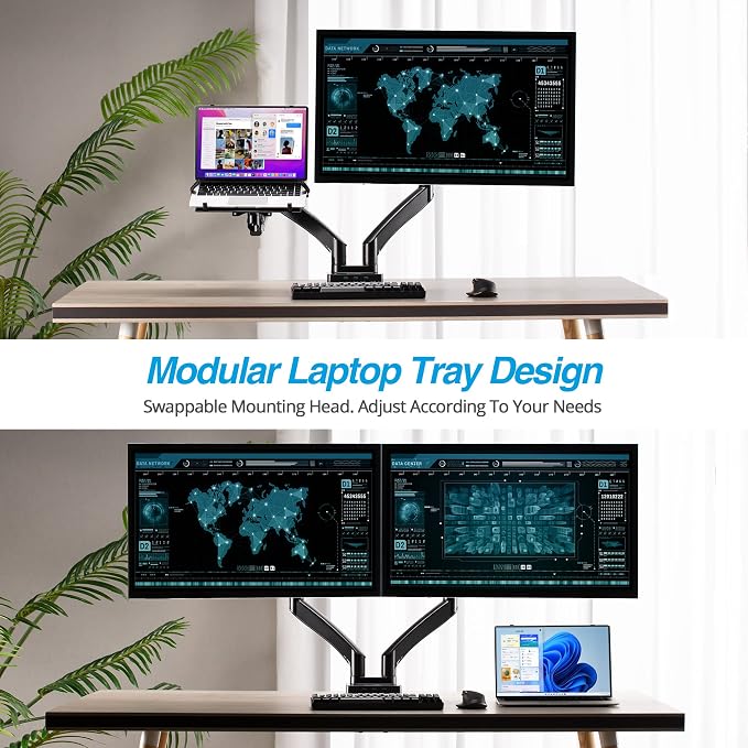 Dual Monitor Arm Desk Mount with 15" Laptop Tray & USB-C&A Docking Station | AVLT 17”-43" HDMI 4K60Hz, Ethernet, Gbps, 100W PD, Fits Two Flat/Curved Monitor - Black - Image 2