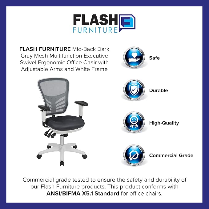 Flash Furniture Mid-Back Dark Gray Mesh Multifunction Executive Swivel Ergonomic Office Chair with Adjustable Arms and White Frame - Image 12