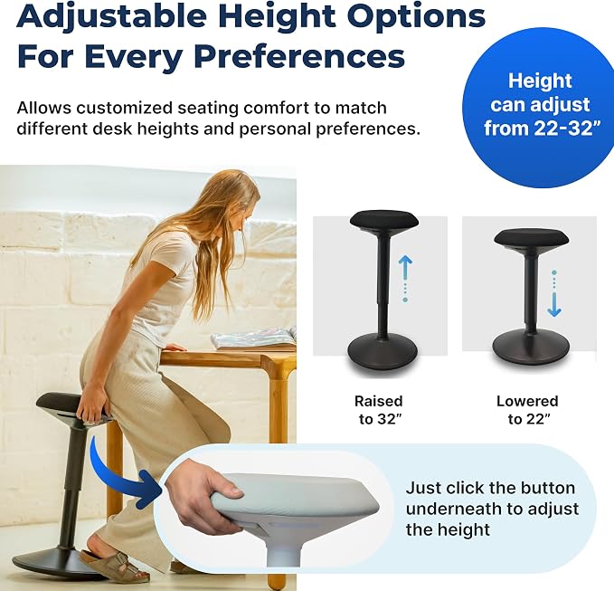 Standing Desk Stool Chair, Height Adjustable Stool 21-31 inch for Office and Classroom, Swivel Stool, Anti-Slip Bottom Ergonomic Wobble Stool with Rocking Motion, White - Image 5