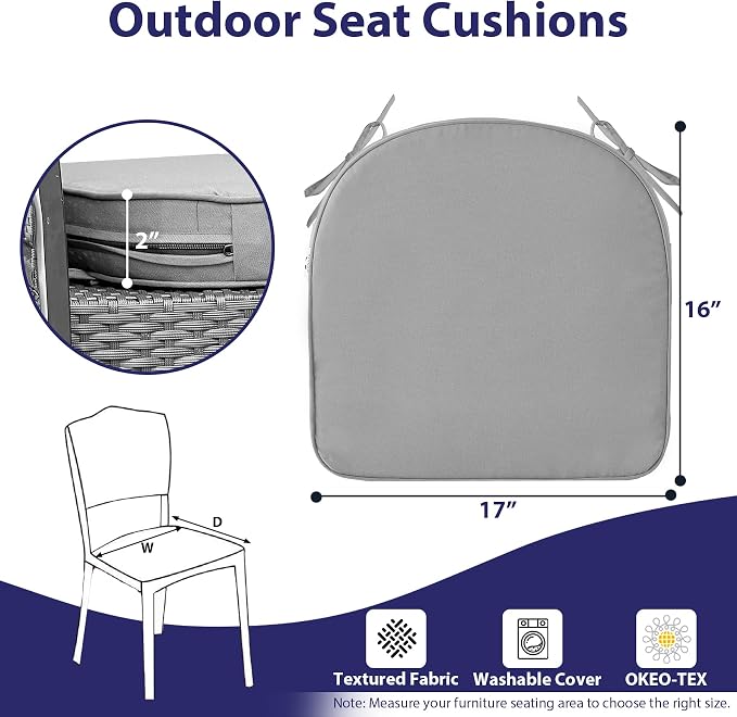 IPYNBAP Outdoor Chair Cushions Set of 4 -Waterproof Outdoor Seat Cushions for Patio Furniture, Patio Chair Cushion with Handle and Ties, Out Door Chair Pads,17x16x2-Round, Grey - Image 6