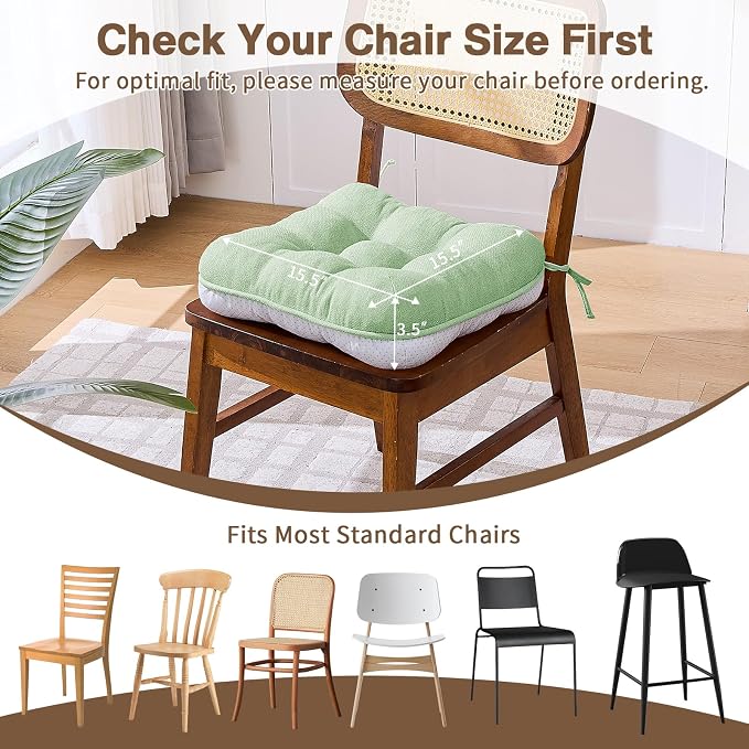 BETU Chair Cushions for Dining Chairs Set of 6,3.5" Thick Kitchen Table Chair Pads with Ties,Non Slip Backing and Covers, Home Decor Seat Cushion for Dining Room,Bar,Patio Chairs15.5"X15.5"X3.5"Green - Image 4