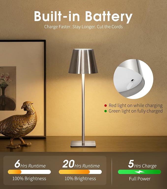 UME 3 Pack Cordless Table Lamp, Battery Operated Lamp - Portable Waterproof Rechargeable Table Lamp w/ 3 Color Temps & Stepless Dimming for Dinner, Desk, Cafe, Outdoor (Brushed Silver) - Image 5