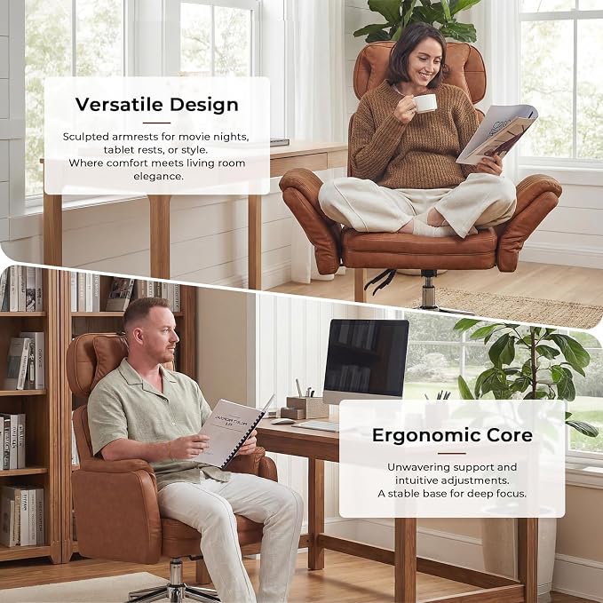 Big and Tall Ergonomic Office Chair, Criss Cross Desk Chair with Pivot Arms | High Back Executive Leather Chair with Spring Seat, Wide Computer Gaming Chair for Home, Makeup & Bedroom, Brown, 49.6”H×22”W - Image 7