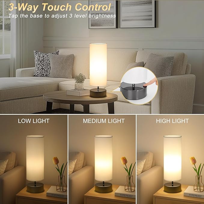 Touch Table Lamp, 3-Way Dimmable Bedside Lamp with Cylinder Fabric Shade | Modern Minimalist Accent Nightstand Desk Lamp, Night Light for Bedroom Living Room Kitchen, LED Bulb Included - Image 3