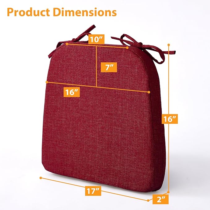 Ruqmuis Chair Cushions for Dining Chairs, 2" Thick Seat Cushions for Kitchen Chairs, D-Shaped Chair Pads with Washable Cover, Ties and Non Slip Backing, 17'' x 16'', Set of 4, Red - Image 2