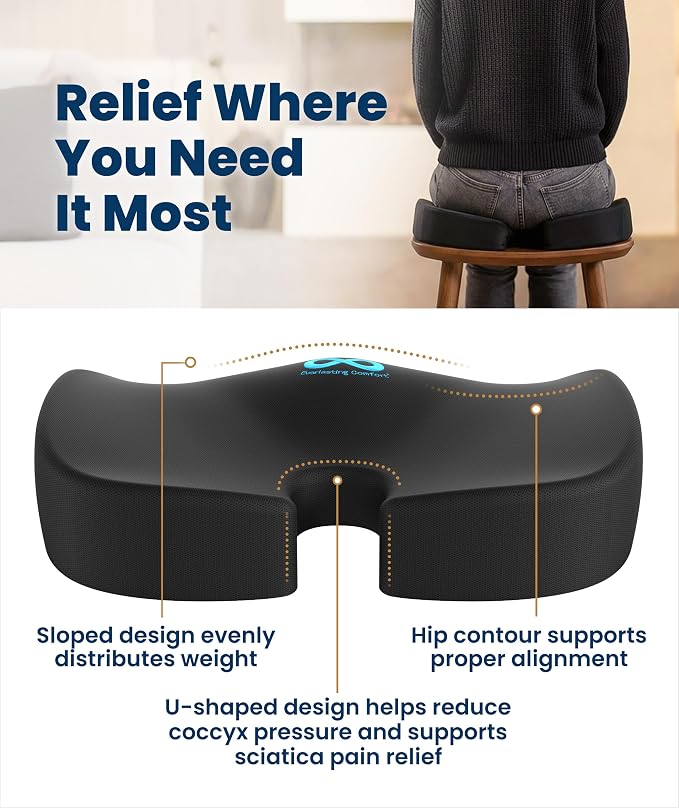 Everlasting Comfort Doctor Recommended Memory Foam Seat Cushion for Office Chairs & Car - Ergonomic Office Desk Accessories - Cushions for Tailbone Pain Relief, Sciatica (Black Airflow, Large) - Image 3