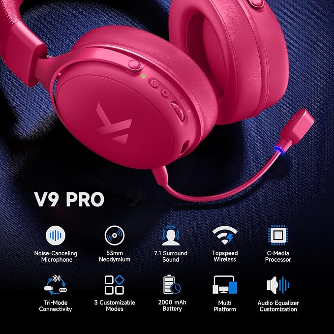 MCHOSE V9 PRO Wireless Gaming Headset 7.1 Surround Sound for PS5 PS4 PC Switch TOPSPEED Gaming Headphones, Noise Canceling Mic, 250Hr Battery, Low 15ms Latency, Lightweight, BT 5.3 FPS Games Rose&Red - Image 5