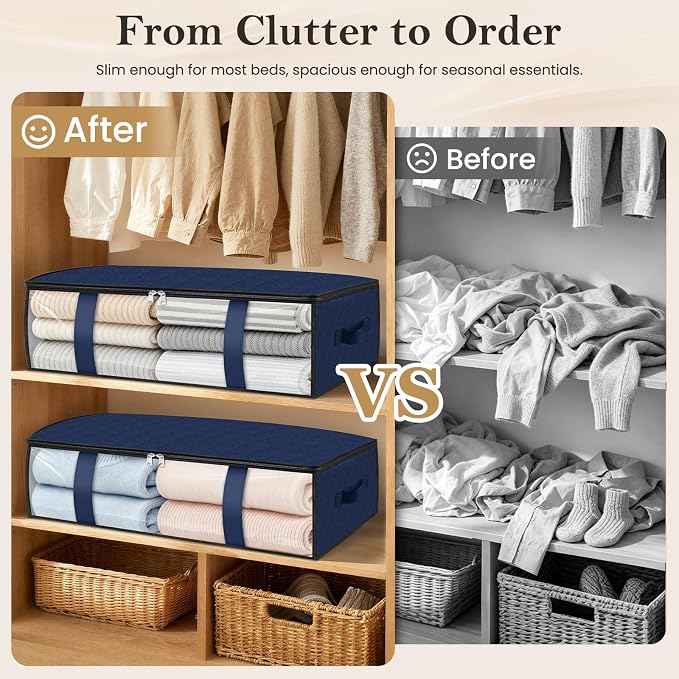 StorageRight Under Bed Storage Bags, 4 Pack, 40L, Blue | Breathable Non-Woven Fabric with a Clear Window and Zippered Top for Clothes, Comforters, Blankets and Seasonal Storage - Image 4