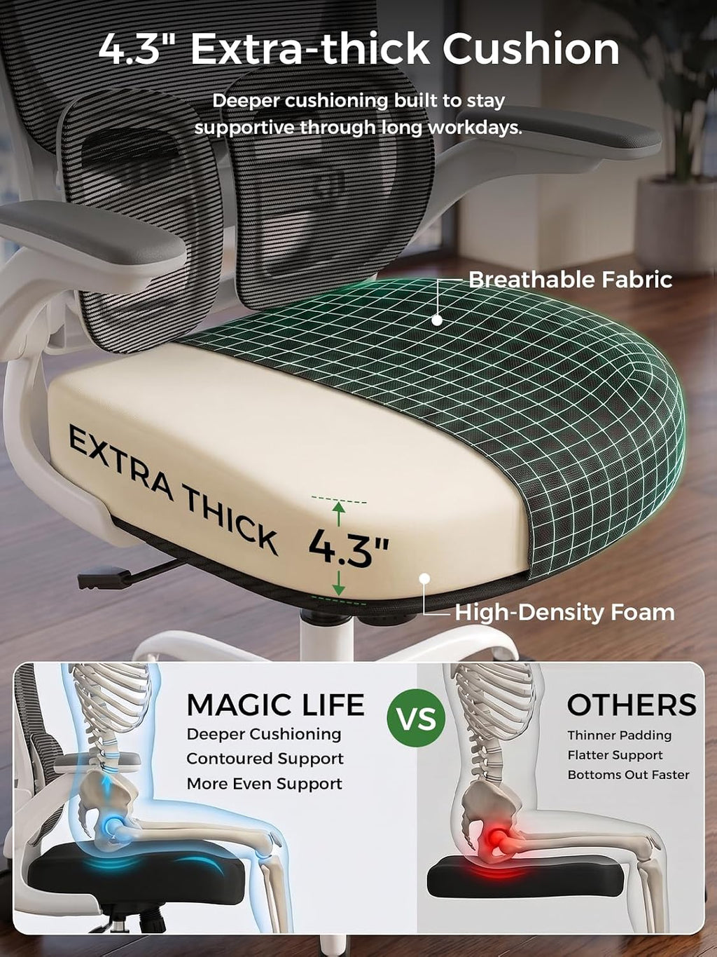 Ergonomic Office Desk Chair, Adjustable Dual Lumbar Support & Thick Seat - Image 3