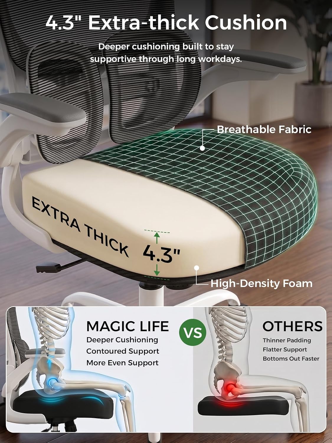 Ergonomic Office Desk Chair, Adjustable Dual Lumbar Support & Thick Seat - Image 3
