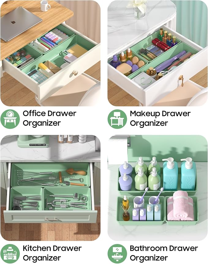 10 Pack Large Size Plastic Drawer Organizers Set, 3 Sizes Desk Drawer Organizer Trays, Storage Bins for Vanity, Makeup, Bathroom, Kitchen Utensils and Office (Green) - Image 5