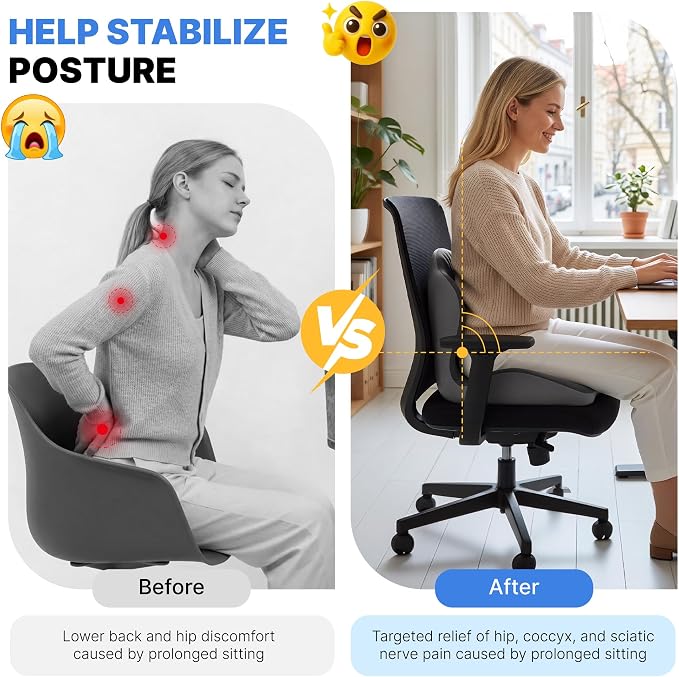Ergonomic Seat Cushion with L-Shaped Design for Office Chair (Grey) | Memory Foam Orthopedic Cushion with Coccyx Hollow, Lumbar Support & Tailbone Pain Relief for Car, Truck, Gaming Chair - Image 3