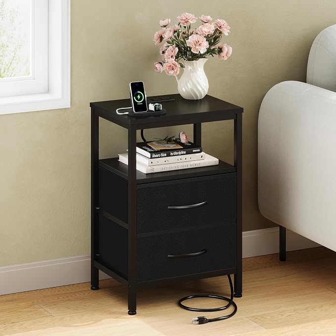 OLIXIS Nightstand with Charging Station, Beside Table with Fabric Drawers | 3-Tier End Table with Storage Shelf, Night Stand with USB Ports and Outlets for Bedroom, Black - Image 2