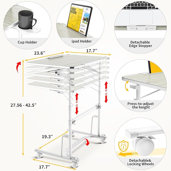 Foldable Standing & Rolling Desk, Upgraded Portable Desk on Wheels | Adjustable Height & Angle, Sturdy Mobile Table Workstation for Laptop with Footrest, Cup Holder, Edge Stopper & iPad Holder - Image 2