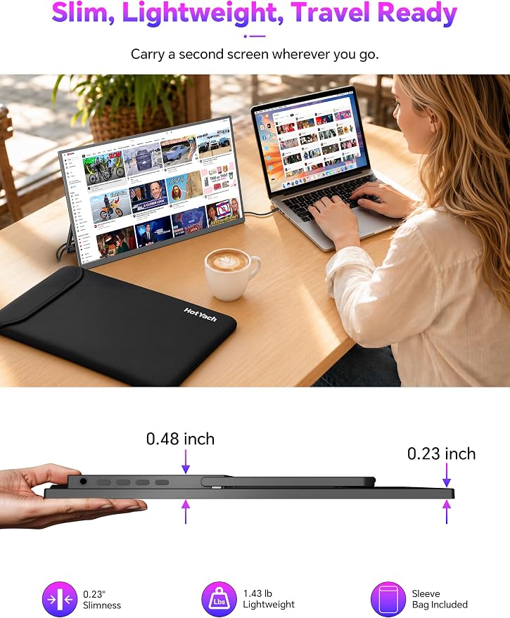 15.6" Portable Monitor Touchscreen, 1080P 10-Point Touch Portable Monitor | 1500:1 USB-C HDMI Travel Screen w/ Sleeve Bag & Speaker, 2nd External Display for Laptop Mac PC Phone Tablet, VESA Mountable - Image 5