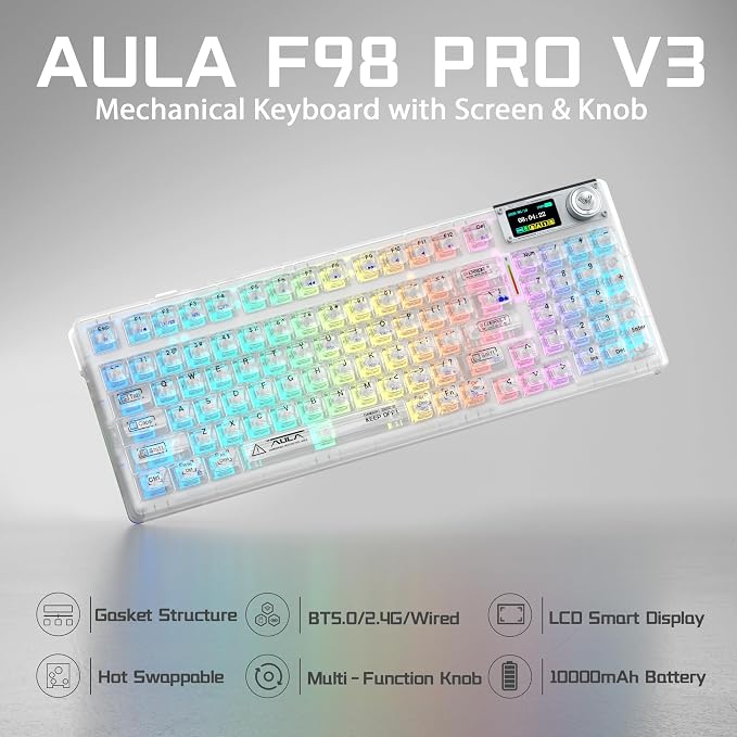 Aula F98Pro V3 Wireless Mechanical Gaming Clear Keyboard with Screen & Knob | Triple-Mode Hot Swappable, Gasket Mount Linear Switches, Clear Keycaps RGB Backlit, TFT Screen 10000mAh Battery for PC/Office - Image 2