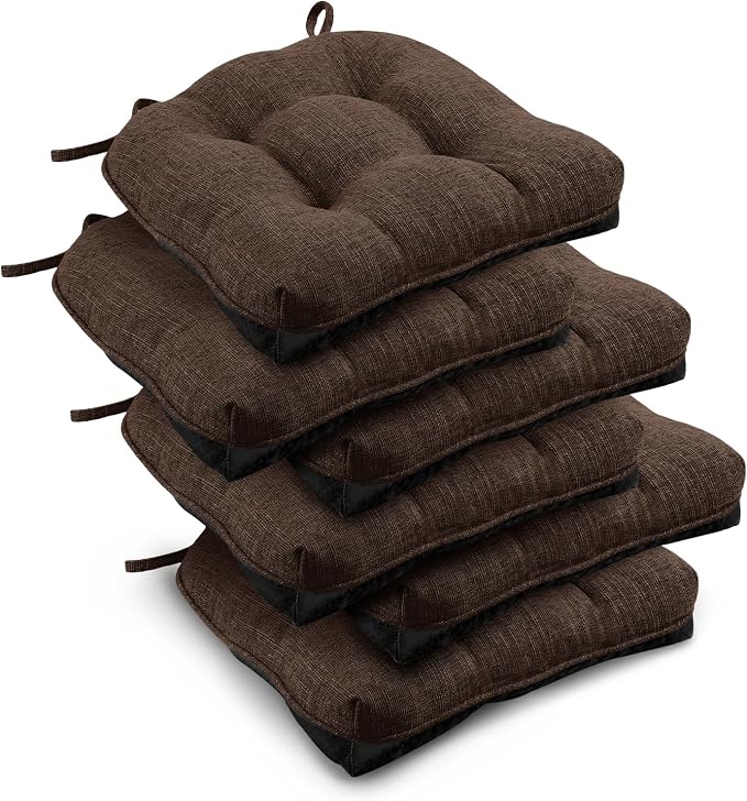 downluxe Indoor Chair Cushions for Dining Chairs, Tufted Overstuffed Textured Foam Kitchen Chair Pads with Ties and Non-Slip Backing, 15.5" x 15.5" x 4", Brown, 6 Pack by Downluxe