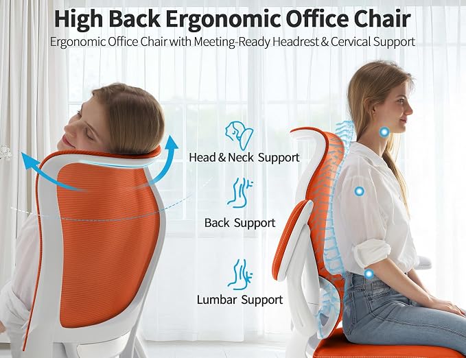 TRALT Office Chair Ergonomic Desk Chair - Gaming Chair with Lumbar Support | 330 LBS Home Office Desk Chairs , Reading Chair with Flip-up Armrests, Comfortable Computer Chairs (1, Orange) - Image 8