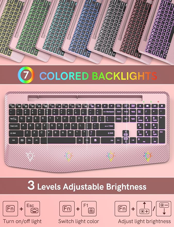 Wireless Keyboard, 7 Colored Backlits, Wrist Rest, Phone Holder-Rose gold | Rechargeable Ergonomic Computer Keyboard with Silent Keys, Full Size Lighted Keyboard for Windows, Mac, PC, Laptop - Image 2