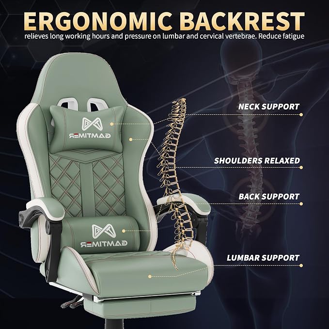 Gamtimer Gaming Chair, 400 LB Weight Capacity,with Pocket Spring Cushion | Ergonomic Backrest Office Chair,Leather, with Headrest and Lumbar Support, Footrest, Suitable for Adults(Green) - Image 7