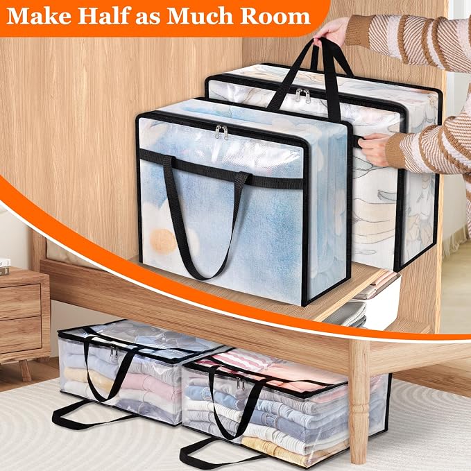 TasticTotes 8 Pack Clear Storage Bags for Comforter, Clothes & Bedding, 40L | Plastic Blanket Storage with Zipper & Handle, Foldable Moving Bags, Closet Organizer and Under-Bed Storage Containers - Image 7